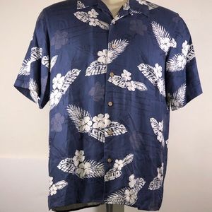 Blue Silk Hawaiian Floral Men's Camp Shirt Size L